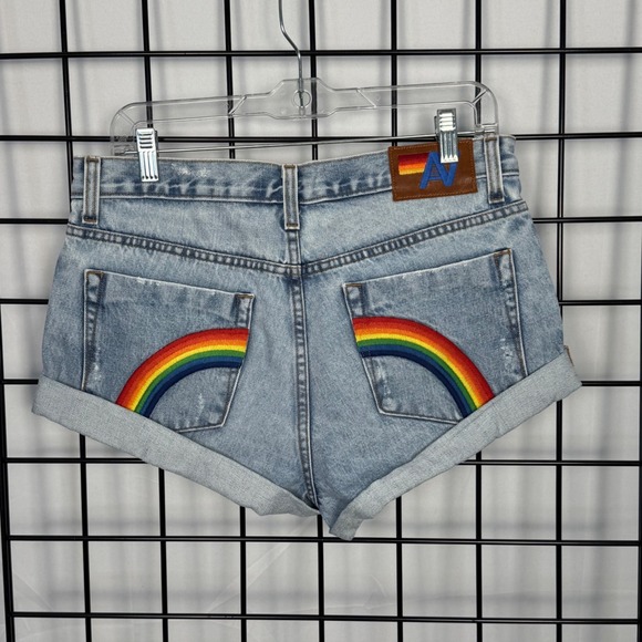 Aviator Nation Pants - Aviator Nation Denim Shorts Women 28 Light Blue Rainbow Distressed Cuffed Beach